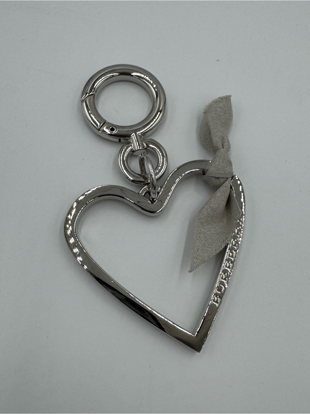 Burberry Silver Heart Keychain / Bag Charm With Fabric Bow